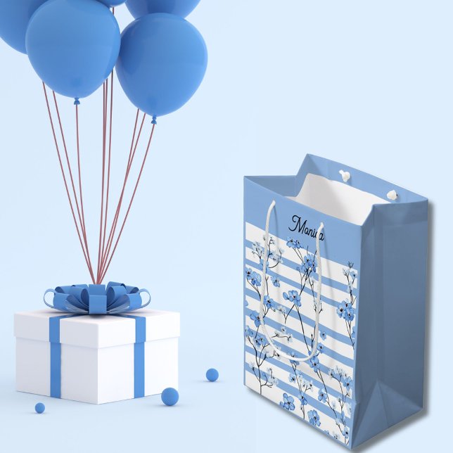 Elegant Blue Blossoms Striped Design Medium Gift Bag (Creator Uploaded)