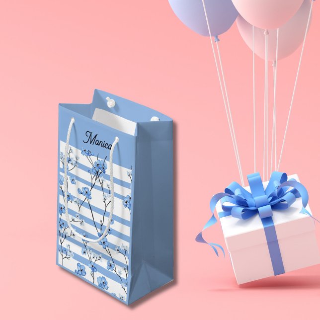 Elegant Blue Blossoms Striped Design Small Gift Bag (Creator Uploaded)