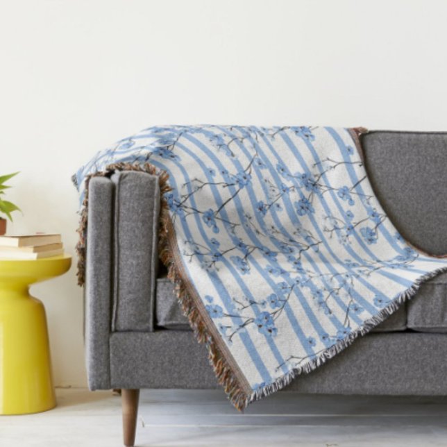 Elegant Blue Blossoms Striped Design Throw Blanket (Creator Uploaded)