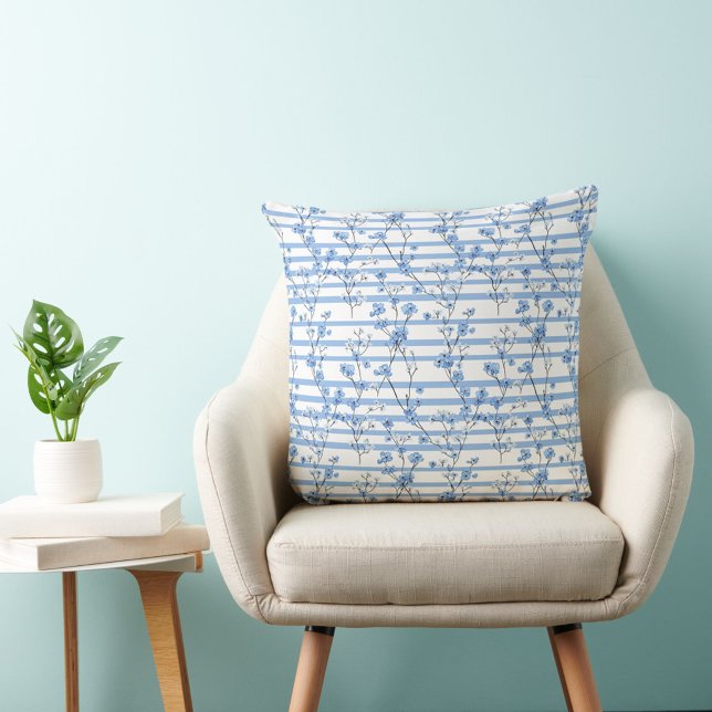 Elegant Blue Blossoms Striped Design Throw Pillow (Creator Uploaded)