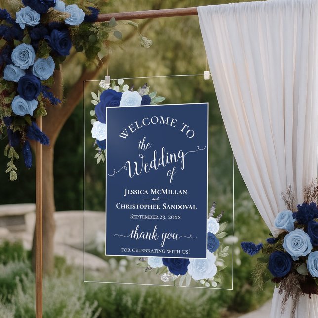 Elegant Blue Boho Chic Roses Wedding Welcome Acrylic Sign (Creator Uploaded)