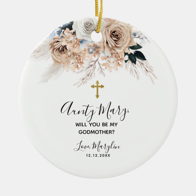 Elegant Blue Boho Floral Will you be my Godmother Ceramic Ornament (Front)