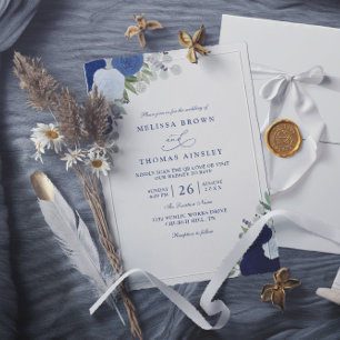 Elegant Blue Boho Roses Modern QR Code Wedding Invitation