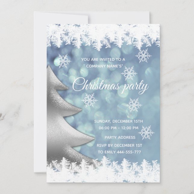 Elegant blue bokeh Christmas tree corporate party Invitation (Front)