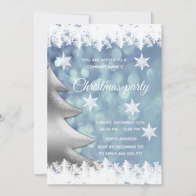 Elegant blue bokeh Christmas tree corporate party Invitation (Front)