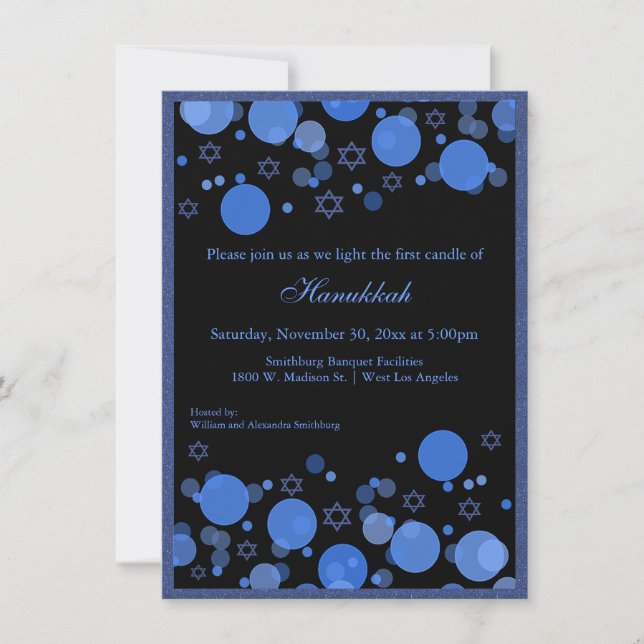Elegant Blue Bokeh Lights Hanukkah Celebration Invitation (Front)