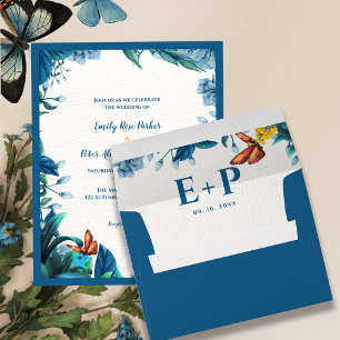 Elegant Blue Botanical Butterfly Monogram Wedding Envelope