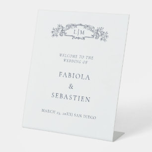 Elegant Blue botanical crest monogram Welcome sign