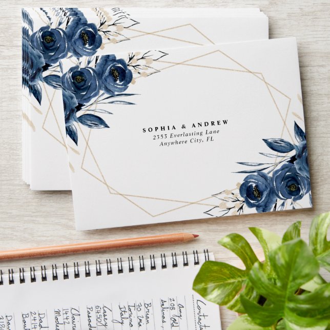 Elegant Blue Botanical Floral Monogram Wedding Envelope (Stacked)