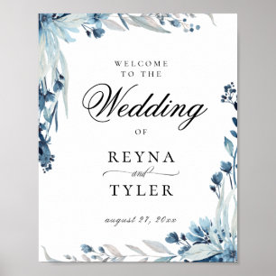 Elegant Blue Botanical Floral Wedding Welcome Poster