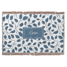 Elegant Blue Botanical Leaves Throw Blanket