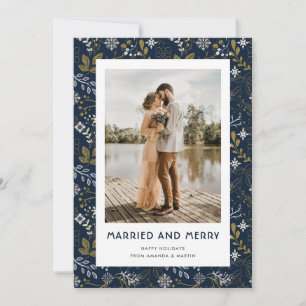 Elegant Blue Botanical Married and Merry Photo Holiday Card