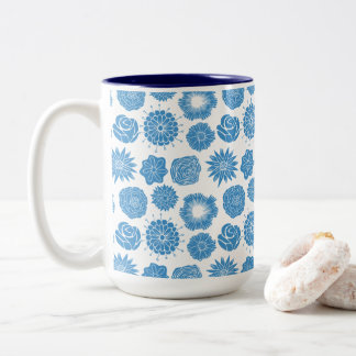 Elegant Blue Botanical Pattern Two-Tone Coffee Mug