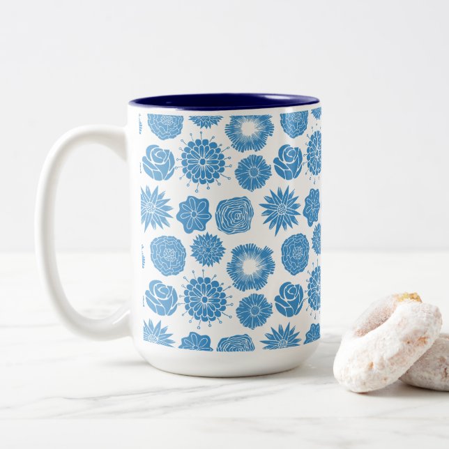 Elegant Blue Botanical Pattern Two-Tone Coffee Mug (With Donut)