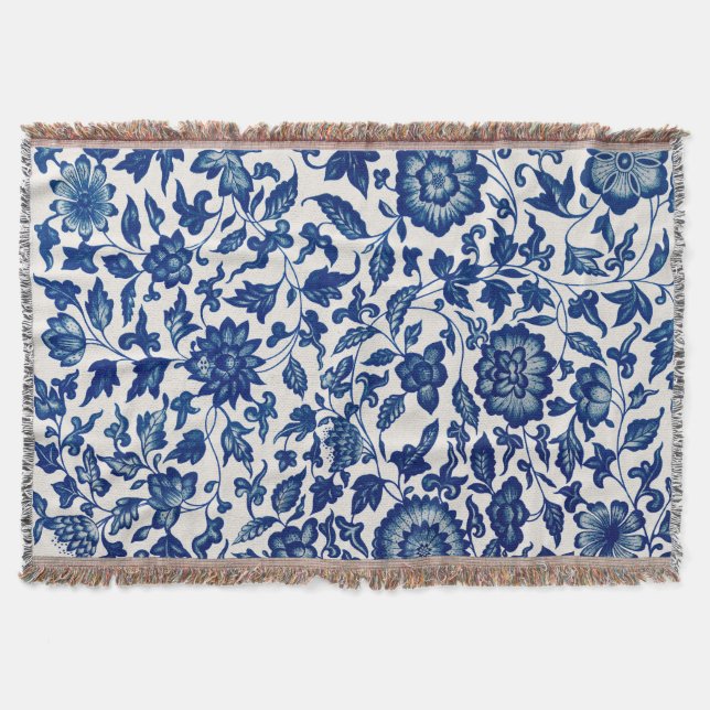 Elegant Blue Botanical Pattern – Woven Throw Blank Blanket (Front)