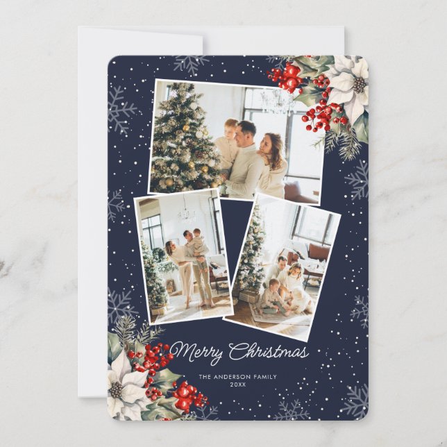 Elegant Blue Botanical Photo Christmas Card (Front)