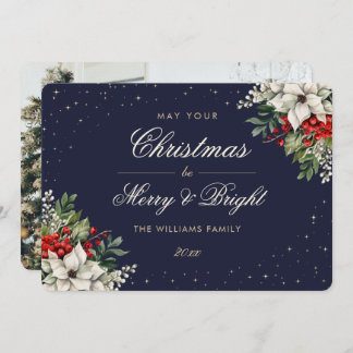 Elegant Blue Botanical Photo Christmas Holiday Card