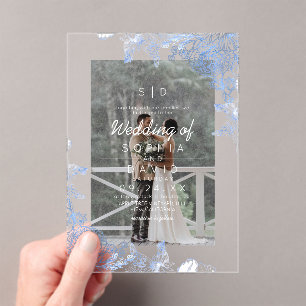 Elegant Blue Botanical Photo Wedding  Acrylic Invitations