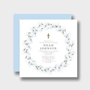 Elegant Blue Botanical Religious Boy Baptism Invitation