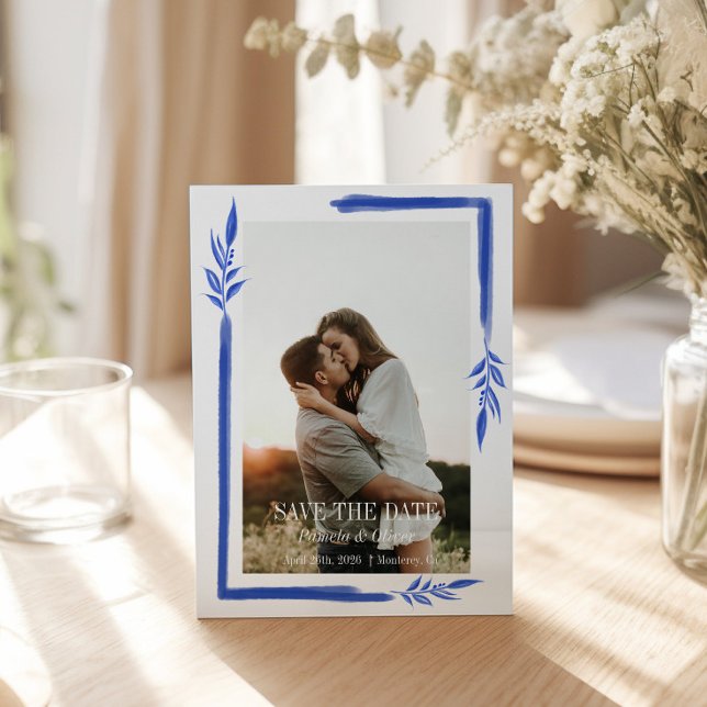 Elegant Blue Botanical Save the Date Postcard (Creator Uploaded)