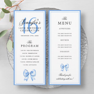 Elegant Blue Bow 16th Birthday Party Program Menu