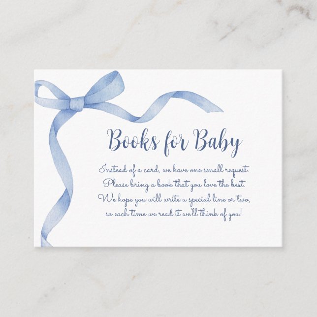 Elegant Blue Bow Baby Shower Books for Baby Enclosure Card (Front)