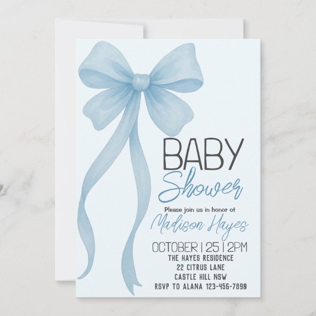 Elegant Blue Bow Baby Shower Invitation (Front)