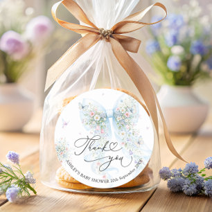 Elegant Blue Bow Baby Shower Thank You  Classic Round Sticker