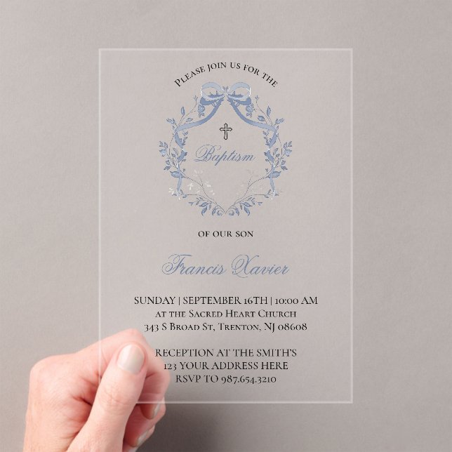  elegant blue bow | Baptism Acrylic Invitations (Insitu (Handheld))