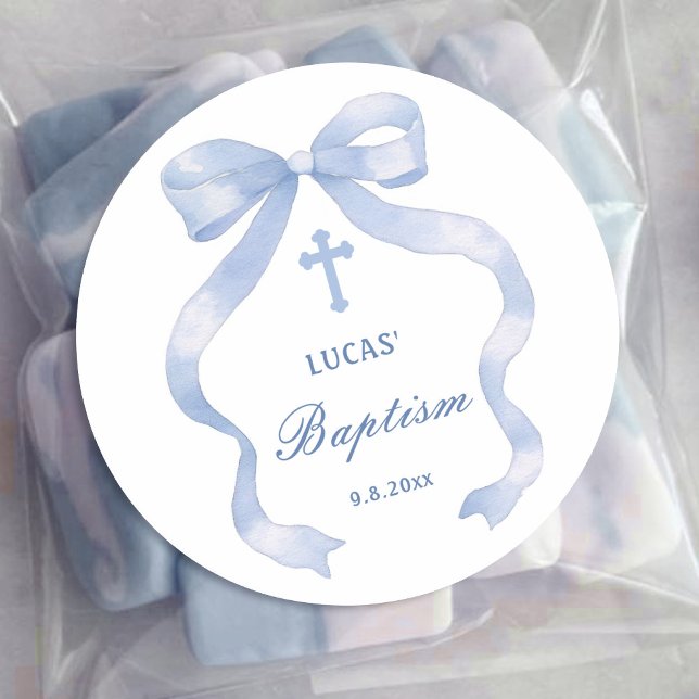 Elegant Blue Bow Baptism Classic Round Sticker (Creator Uploaded)