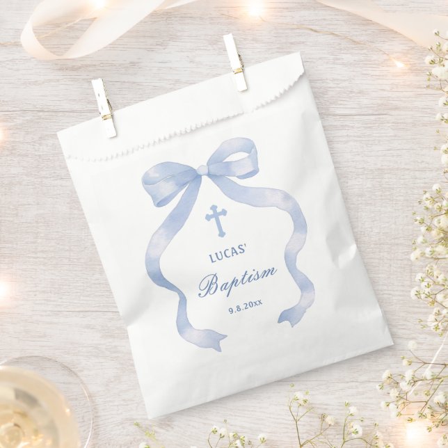 Elegant Blue Bow Baptism Favour Bag (Clipped)
