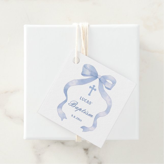 Elegant Blue Bow Baptism Favour Tags (In Situ)