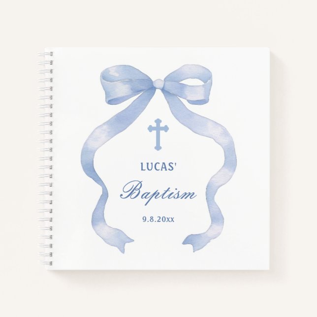 Elegant Blue Bow Baptism Guest Book (Front)