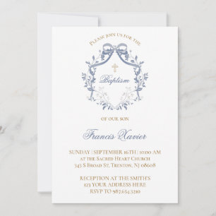 elegant blue bow Baptism Invitation
