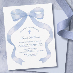 Elegant Blue Bow Baptism Invitation