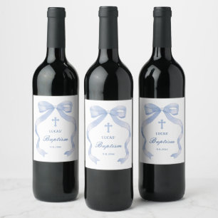 Elegant Blue Bow Baptism Wine Label