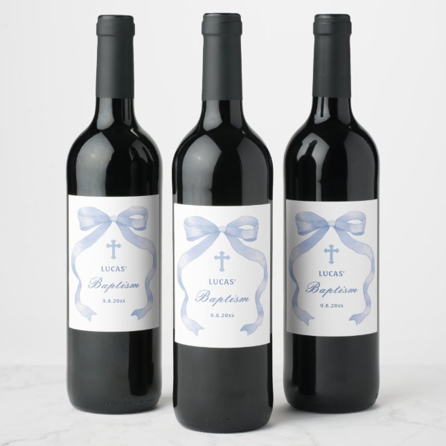 Elegant Blue Bow Baptism Wine Label (Bottles)