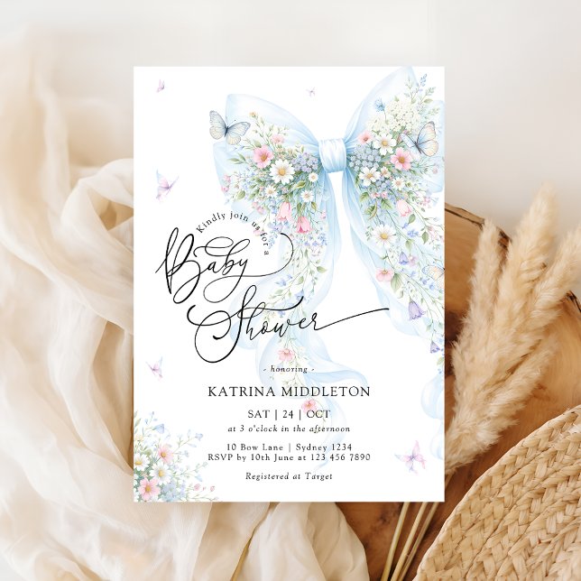 Elegant Blue Bow Bloom Butterfly Baby Shower Invitation (Creator Uploaded)