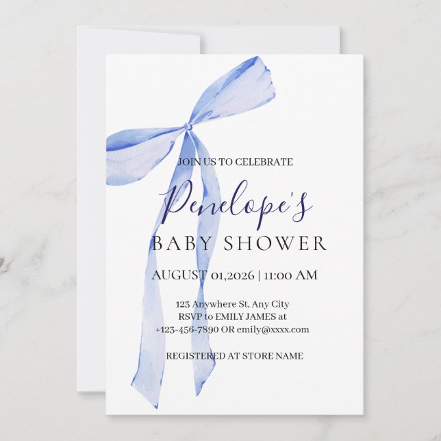 Elegant Blue Bow Boy Baby Shower Invitation (Front)