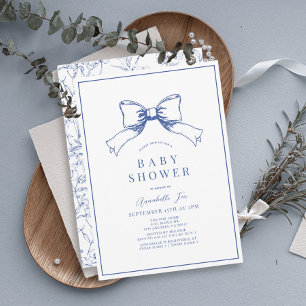 Elegant Blue Bow Boy Baby Shower Invitation