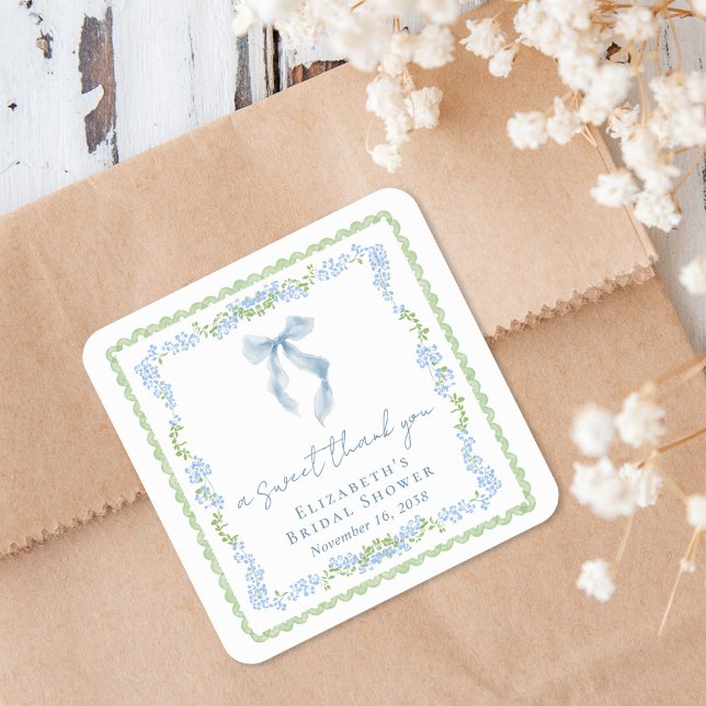 Elegant Blue Bow Bridal Shower Thank You Square Sticker (Elegant Blue Bow Bridal Shower Thank You Square Sticker)