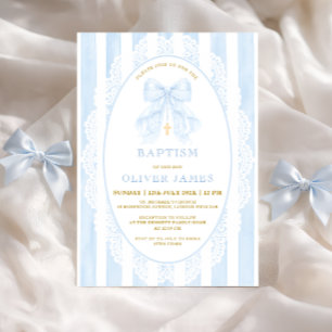 Elegant Blue Bow & Cross Boy Baptism Invitation