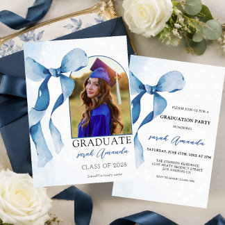 Elegant Blue Bow Custom Photo Graduation Party Invitation
