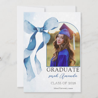 Elegant Blue Bow Custom Photo Graduation Party Invitation