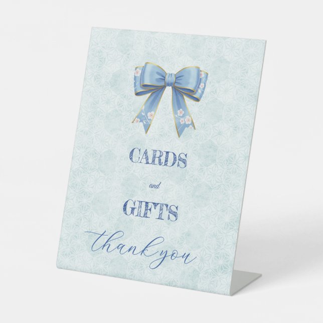 Elegant Blue Bow Engagement Party Invitation Pedestal Sign (Front)