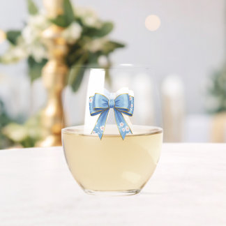 Elegant Blue Bow Engagement Party Invitation Stemless Wine Glass