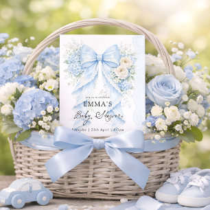 Elegant Blue Bow Floral Baby Shower Invitation