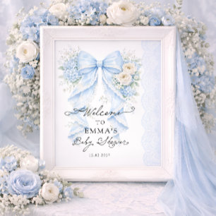 Elegant Blue Bow Floral Boy Baby Shower Welcome Poster