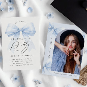 Elegant Blue Bow Graduation Photo Invitation