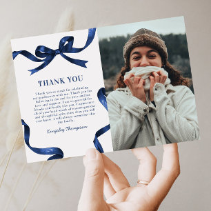 Elegant Blue Bow Graduation Photo Thank You Card